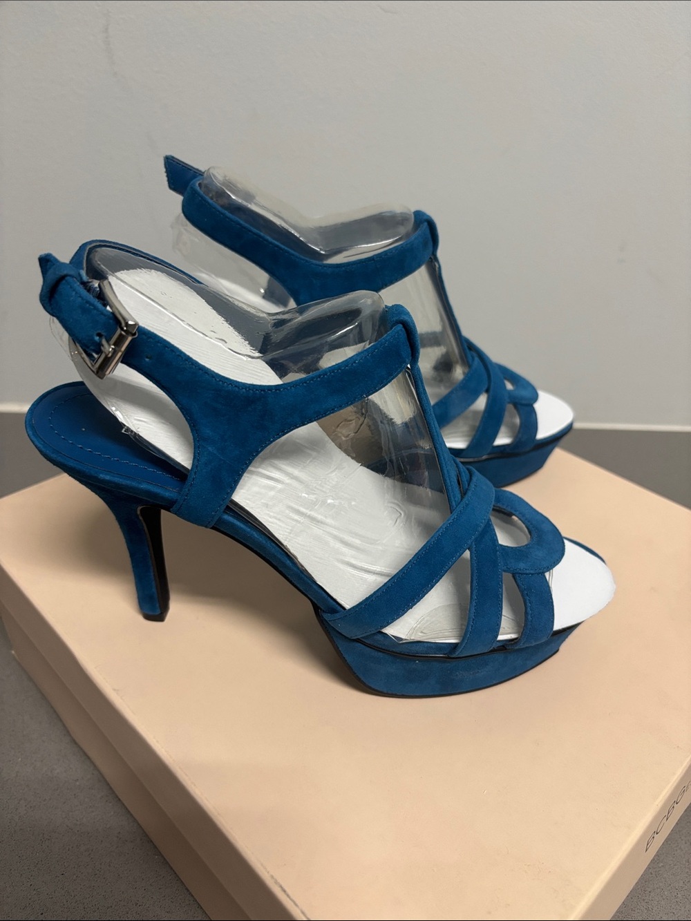 BCBGeneration Teal Blue Suede Strappy High Heel Sandals